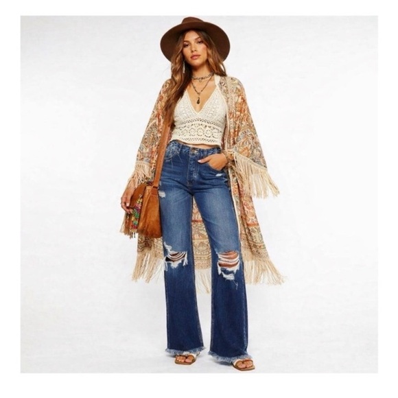 KANCAN 90’s Ripped Flare Wide Leg High Rise Jeans - Picture 2 of 12